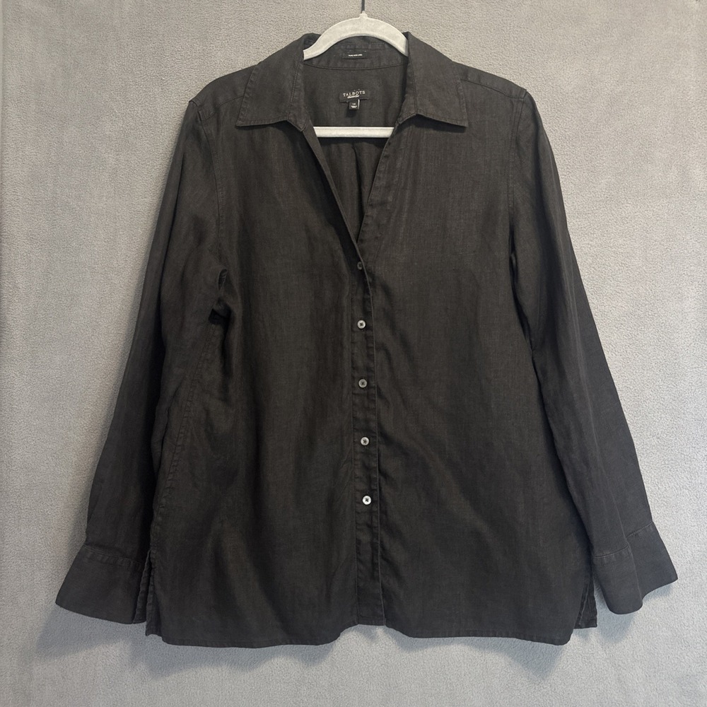 Talbots Irish Linen Button Up Shirt Long Sleeve Size 14 Black Minimalist Office
